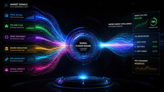Market signal detection dashboard with flowing data streams and glowing fusion engine visualization