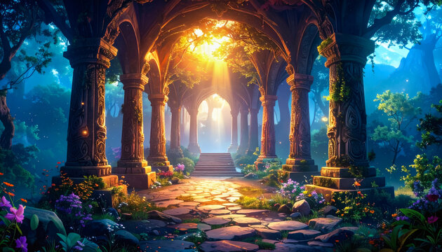 Ancient Fantasy Temple Ruins in an Enchanted Forest