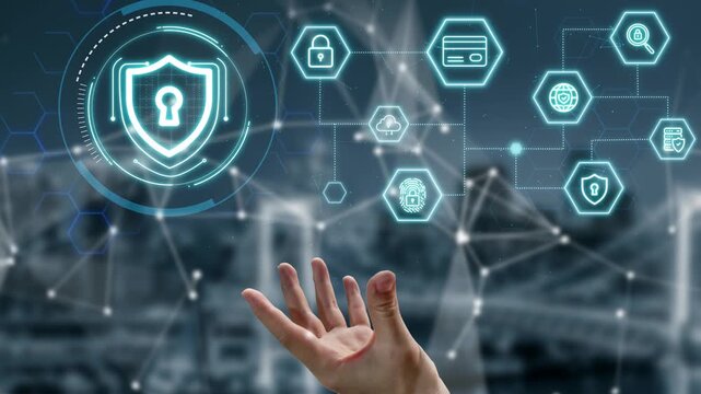 Futuristic Cybersecurity Concept with Hand Reaching for Digital Shield and Icons Representing Online Safety and Protection Against Threats. Entropy.