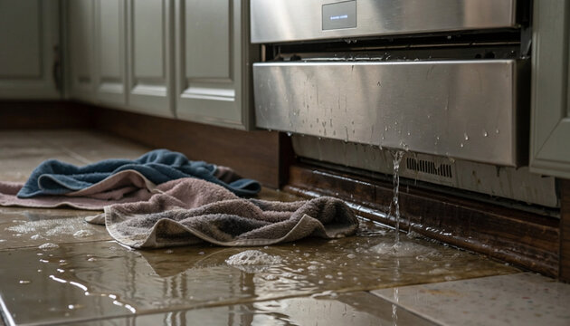 Leaking Dishwasher with Water Spill on Kitchen Floor Close Up Appliance Failure and Maintenance Industry Concept