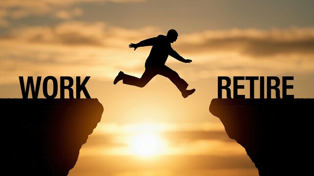 Silhouette of a person jumping across a gap between cliffs labeled work and retire against a golden sunset sky.