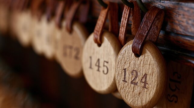 Close-up of wooden locker tags with leather straps hanging in a row on a dark wooden rack, displaying engraved numbers like one hundred twenty four and one hundred forty five.