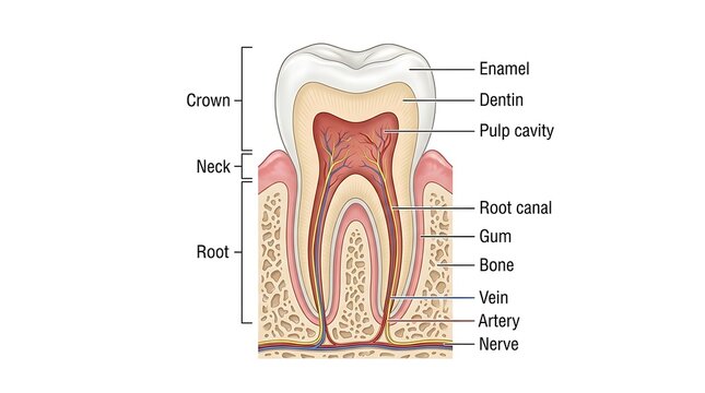 Cross-sectional view of human tooth anatomy highlighting crown dentin gum