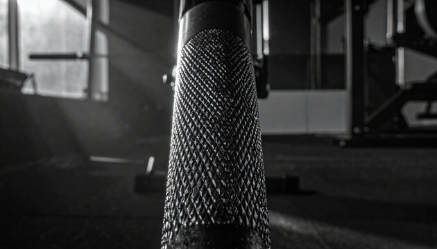 Close-up of textured knurled grip on a heavy weightlifting barbell in a dimly lit gym setting