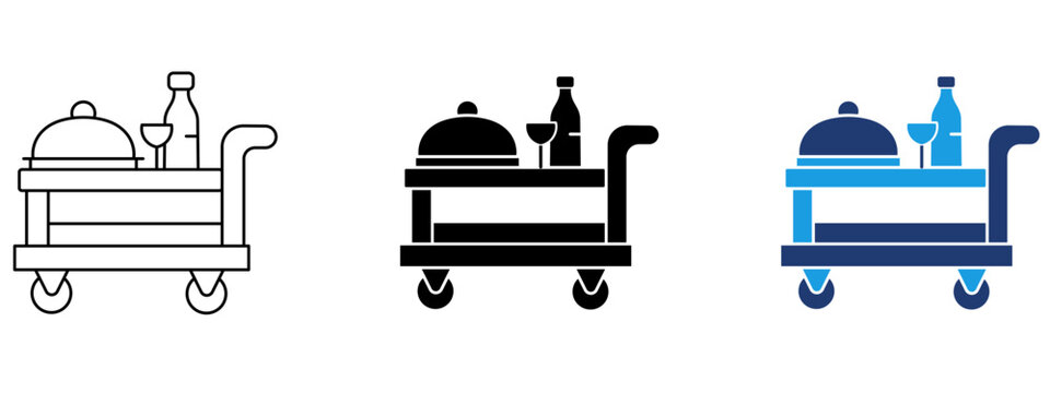 Room service food trolley icon with cloche cover, bottle and glass. Symbol of hotel hospitality, food delivery, catering cart, dining service, restaurant amenities and luxury accommodation.
