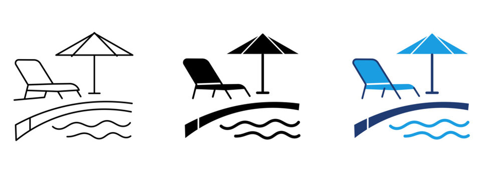 Beach chair with umbrella on seaside resort icon. Symbol of summer vacation, travel, sunbed, lounger, ocean relaxation, holiday resort, leisure, hotel amenities and sea coast tourism.