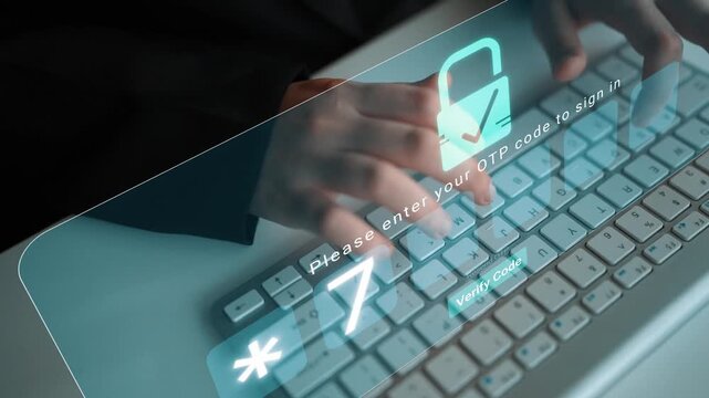 Secure Online Authentication Process with OTP Code Entry on Computer Keyboard, Emphasizing Cybersecurity and Data Protection Methods Sigmoid