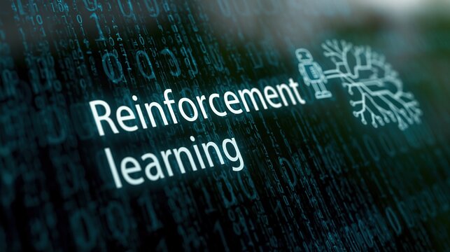 Close up of a digital screen displaying the text reinforcement learning with binary code background and an artificial intelligence icon symbolizing machine technology.