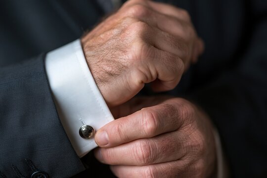 Close-up of a man adjusting his formal white shirt cufflink while wearing a dark suit jacket, highlighting attention to detail and elegance.