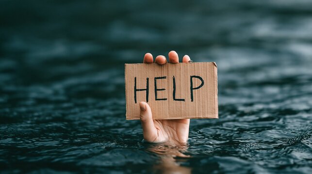 A hand emerging from dark water holding a cardboard sign reading help to symbolize distress and need for assistance.