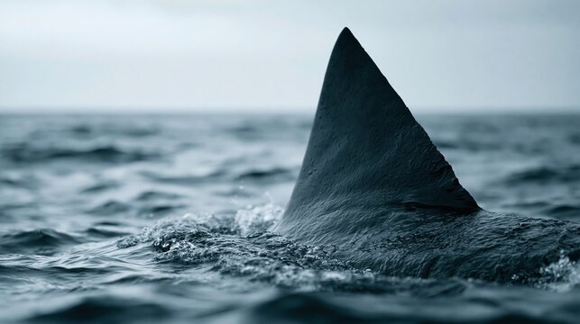 Close-up of a shark fin emerging from dark ocean water under an overcast sky, creating a dramatic and mysterious mood.