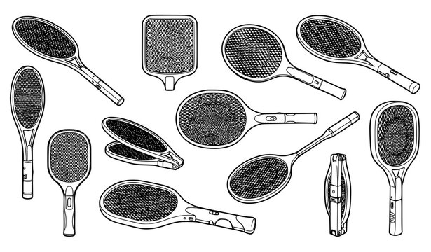 Electric Mosquito Swatter Vector Icon Set with Various Electronic Bug Zapper Rackets and Folding Fly Killer Tools for Household Pest Control