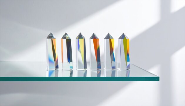 Six clear crystal prisms arranged in a line, refracting a rainbow spectrum of colors on a clean reflective surface