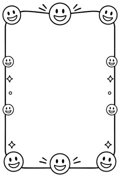 Hand-drawn smiley face border illustration featuring decorative happy emoticons on a simple black line frame design