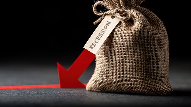 Small burlap sack labeled recession resting beside a red downward pointing arrow on dark textured surface