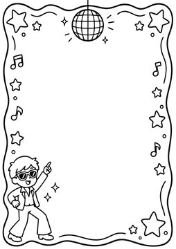 Disco party frame illustration featuring a dancing boy with stars and musical notes in black white