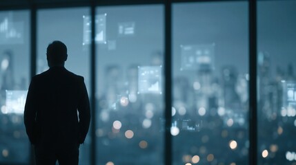 Plakat Silhouette of a businessman standing in front of a large window overlooking a futuristic city with holographic data displays.