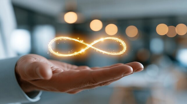Business professional hand holding glowing golden infinity symbol representing endless possibilities and continuous growth in modern office setting