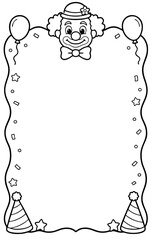 Clown border frame illustration featuring balloons and confetti for fun children party celebration graphic design projects