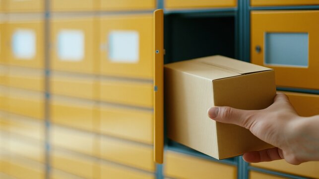 Hand retrieving a cardboard package from an open yellow locker in a modern storage facility