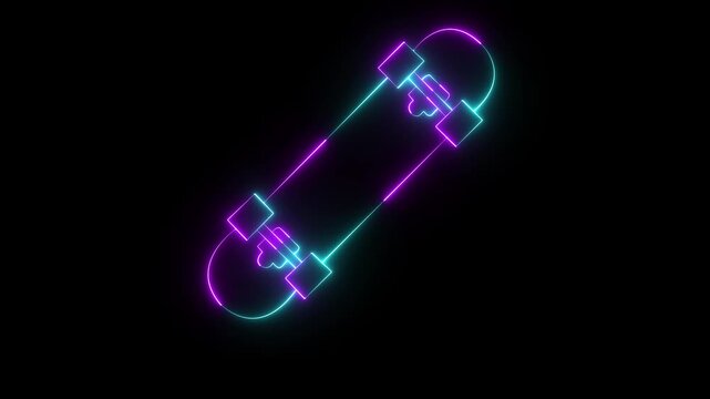 glowing neon Skateboard icon isolated on black background. Extreme sport. Sport equipment. 4K Video animation.