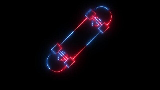 glowing neon Skateboard icon isolated on black background. Extreme sport. Sport equipment. 4K Video animation.