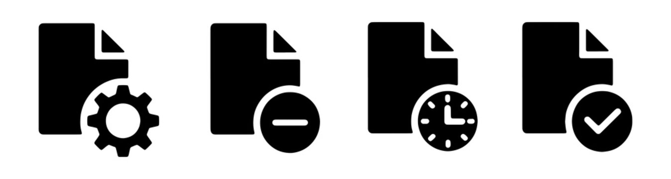 Document icons with gear minus clock and check mark for file management and status indication.