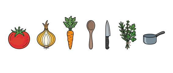 Isolated illustration of cooking ingredients and utensils