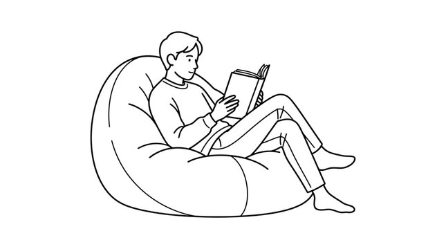 Minimalist line art illustration of a young man relaxing and reading a book in a bean bag chair
