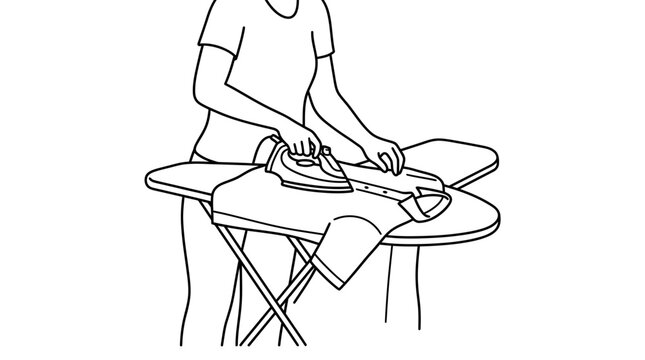 Minimalist line art of a person ironing a shirt on an ironing board for household chores
