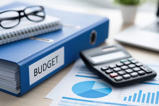 Blue binder labeled budget sits on desk with calculator and financial charts alongside notebook and glasses