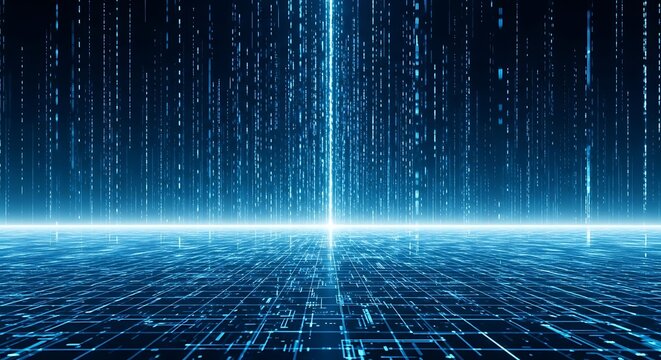 Futuristic digital horizon in blue cyberspace grid.