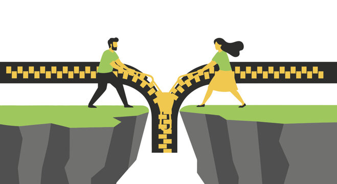 Man and Woman Closing a Giant Zipper over a Cliff Gap to Create a Bridge, Concept of Teamwork, Collaboration, and Connection Flat Vector Illustration