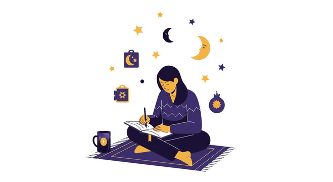 Woman Journaling with Celestial Moon and Stars Illustration. Mindfulness, Creativity, and Night Routine Concept on White Background.