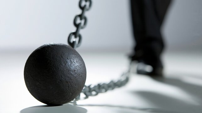 Close-up of a heavy iron ball and chain resting on a white surface with blurred legs in the background
