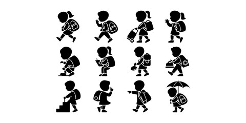 Black vector silhouette of two cute young children sitting on the floor reading books together for education and learning concepts. Person reading book silhouette illustration vector line art for.