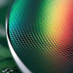 Fototapeta premium Close-up of a silicon wafer displaying iridescent rainbow colors on its grid pattern resting on electronic circuit board.
