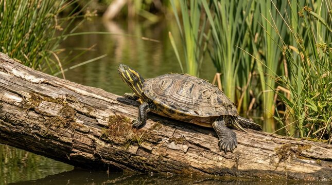 A turtle rests on a fallen log in a tranquil wetland environment.
