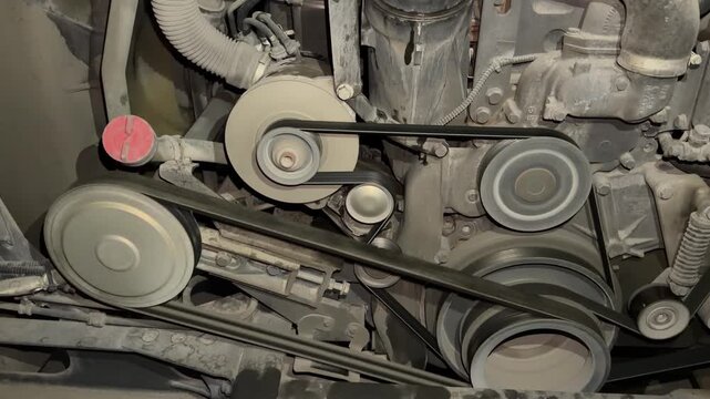 A detailed close‑up of the dual‑belt accessory drive system on commercial bus engine assembled in Egypt.