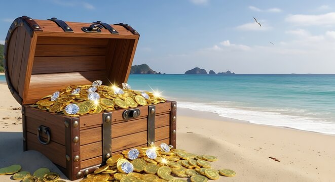 Open Treasure Chest on Sunny Beach With Coins.