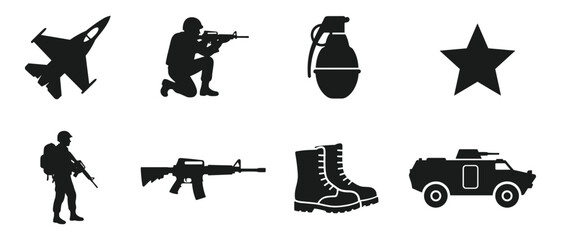 Fototapeta premium Set of black military silhouette icons featuring soldiers, weapons, vehicles, and equipment