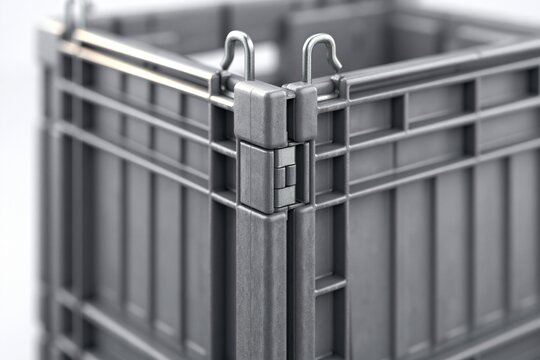Close-up view of a gray plastic crate corner showing the hinge mechanism and metal handles against a white background