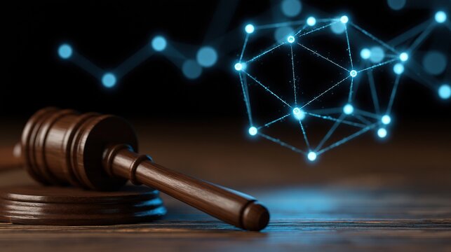 A wooden judge's gavel rests on a dark surface beside glowing blue digital network nodes symbolizing technology and law.