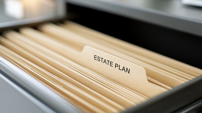 Close-up view of a filing cabinet drawer containing beige file folders with one labeled estate plan