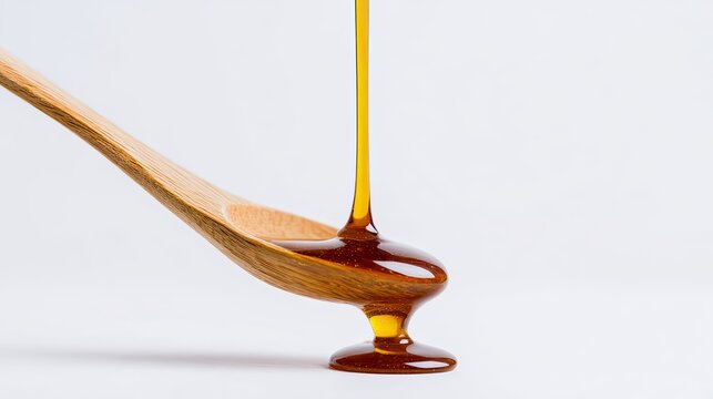 Golden honey pouring dripping over wooden spoon, thick viscous nectar, clean white background natural bee product food close‑up asset