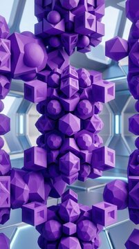 Abstract Geometric Sculpture of Interlocking Purple Polyhedra and Spheres.