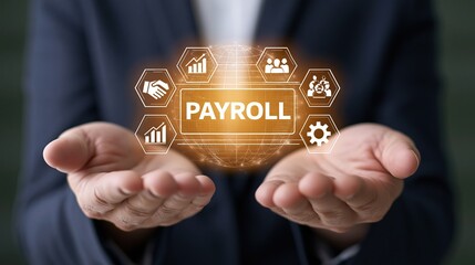 Obraz premium Business professional holds holographic payroll interface with financial and team icons above open hands