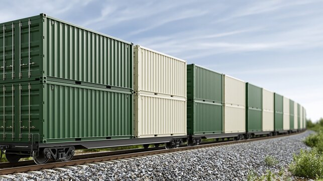 Long freight train carrying green and beige shipping containers moves along curved railway tracks under blue sky