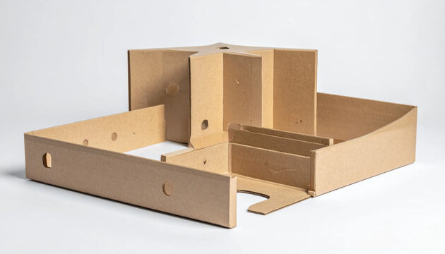 Unfolded cardboard packaging structure ready for assembly on a plain surface, a blank corrugated material for shipping and product transport