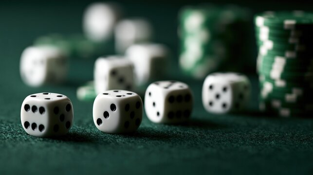 White dice and green poker chips scattered on a dark green felt surface creating an atmosphere of gambling